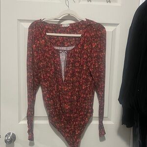 Free People Red and Black Floral Bodysuit